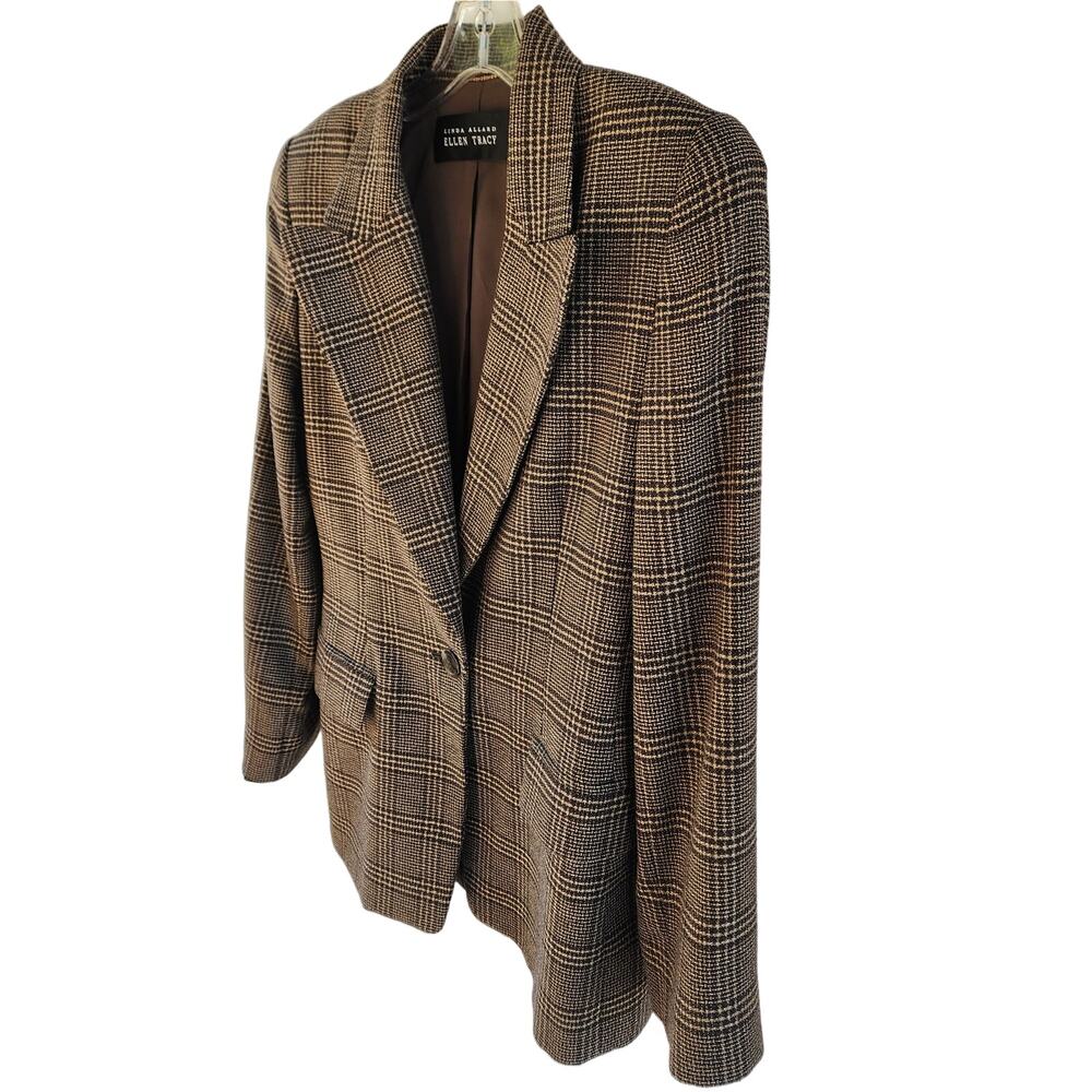 Linda Allard Ellen Tracy VTG 80s Blazer 4 Brown Glen Plaid Silk Wool Oversized - Picture 5 of 11